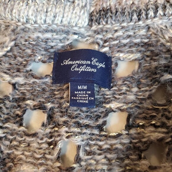 AMERICAN EAGLE SZ M Open Weave, Open Front Metallic Purple Gray Cardigan Sweater - Picture 6 of 7